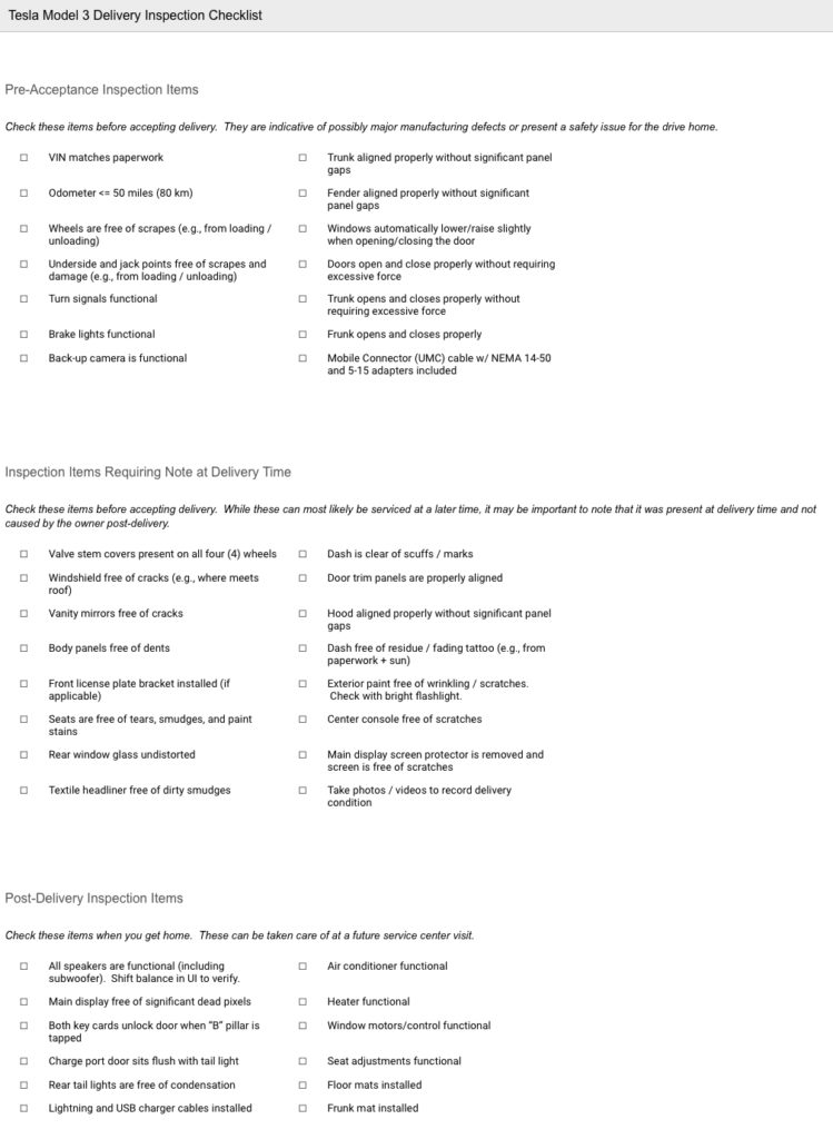 Printable Tesla Model 3 Delivery Checklist, and Video Checklist - 1redDrop